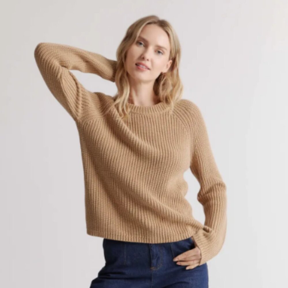 100% Organic Cotton Fisherman Crew Sweater - Medium, Camel